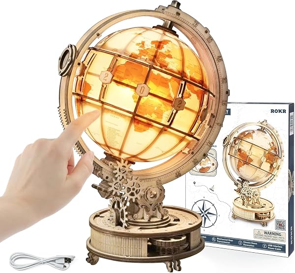 Maquete Mecânica em Madeira ROKR Globo Luminoso Noturno com Lupa de Engrenagens (180 Peças)