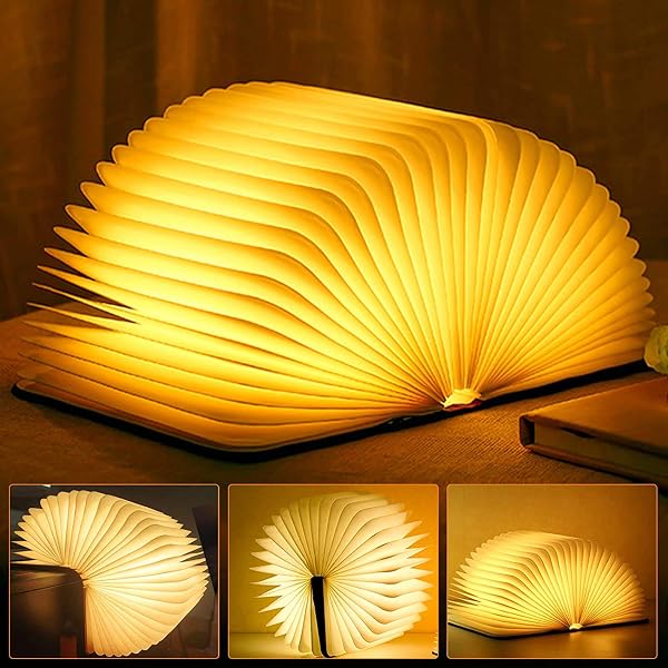 Candeeiro de Livro Dobrável em Madeira Cortada a Laser (Abre 360° como um Livro Iluminado Recarregável)